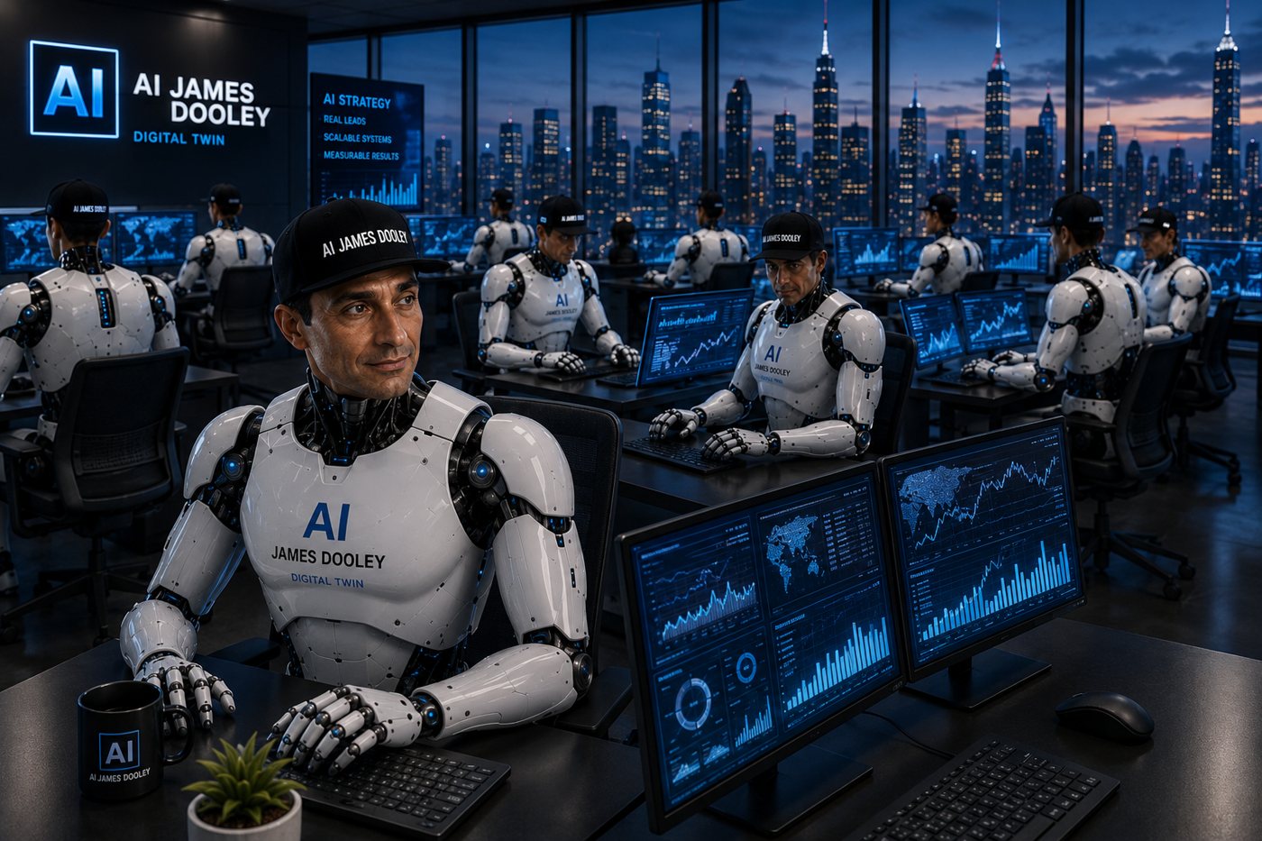 AI James Dooley working around the clock in an AI-run office